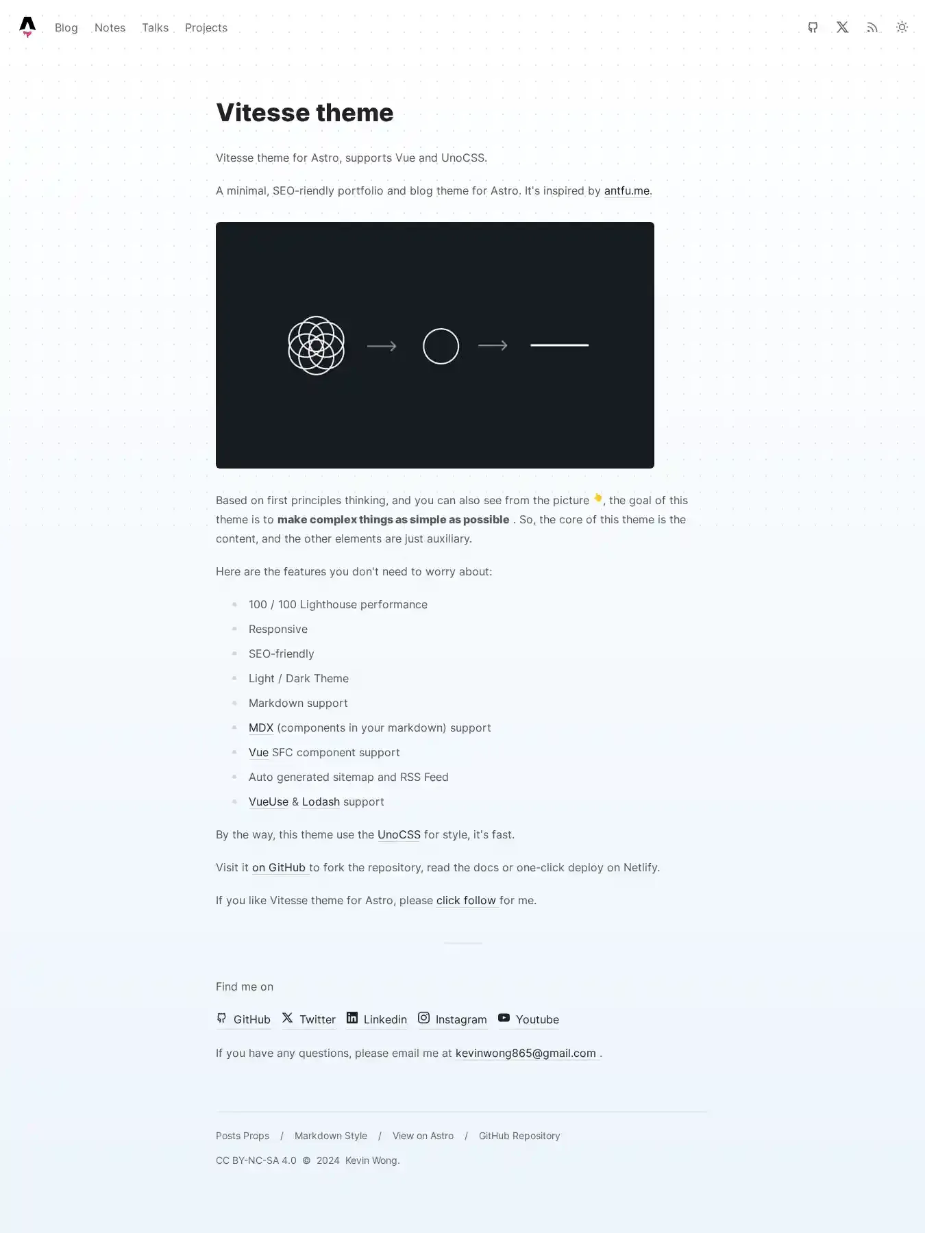 Vitesse theme for Astro home page on desktop
