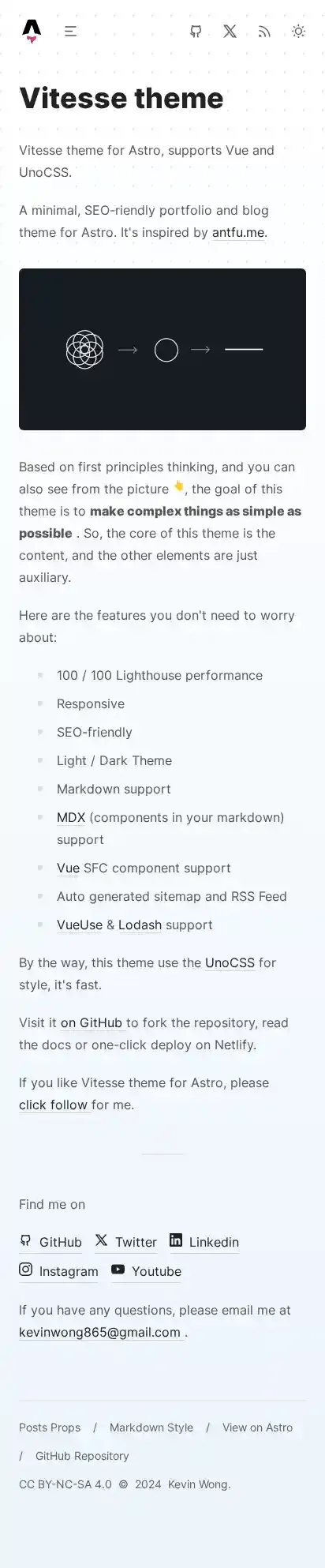 Vitesse theme for Astro home page on mobile