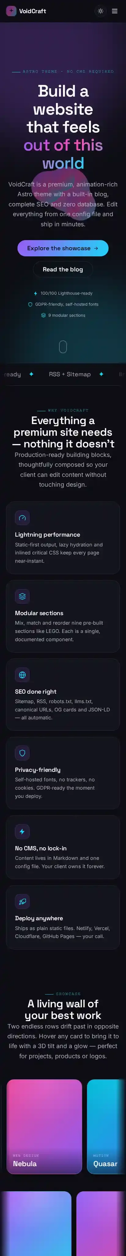 VoidCraft home page on mobile