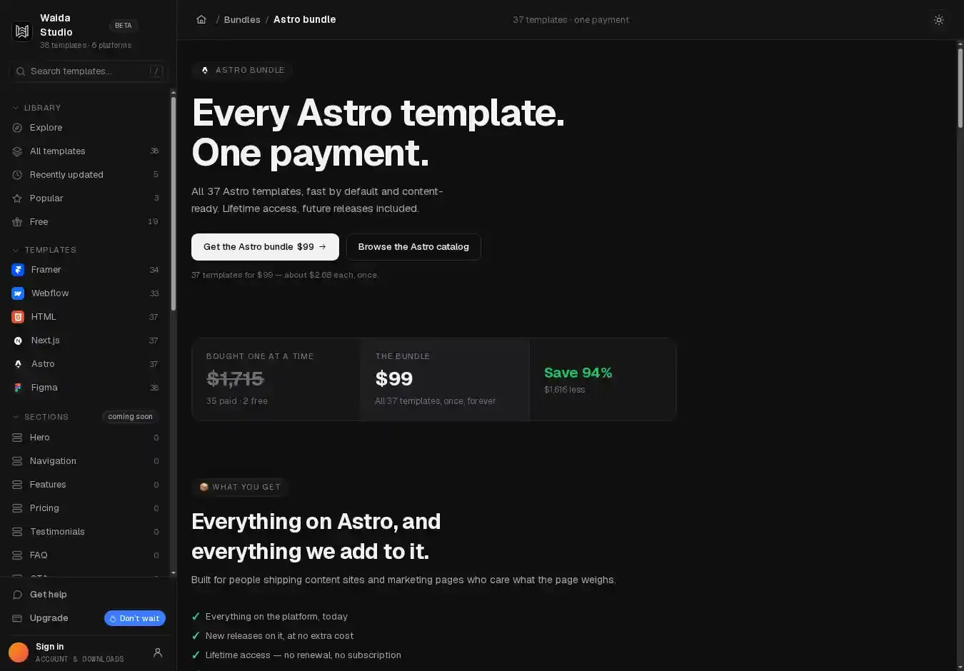 Waida Studio Astro Themes All Access home page on desktop