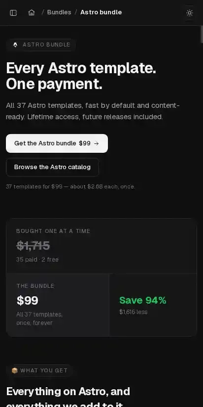 Waida Studio Astro Themes All Access home page on mobile