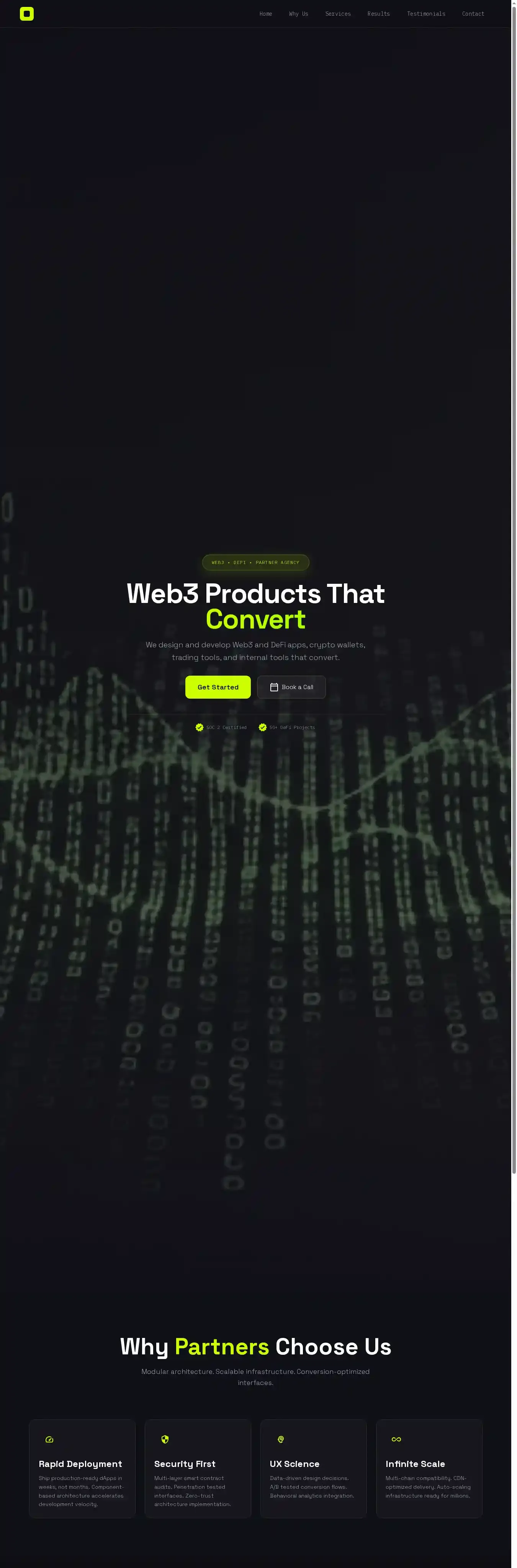 Web3 DeFi Partner Agency home page on desktop