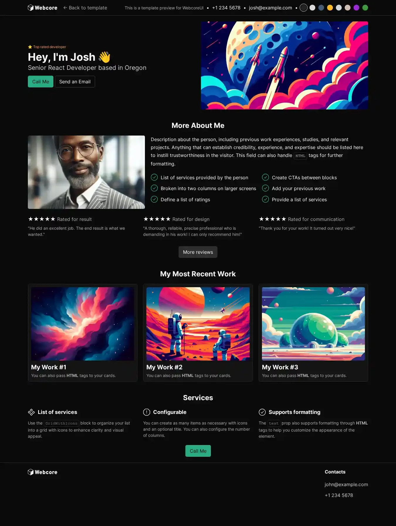 Webcore Portfolio home page on desktop