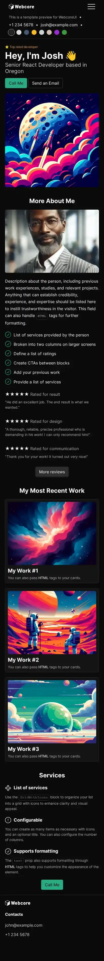 Webcore Portfolio home page on mobile