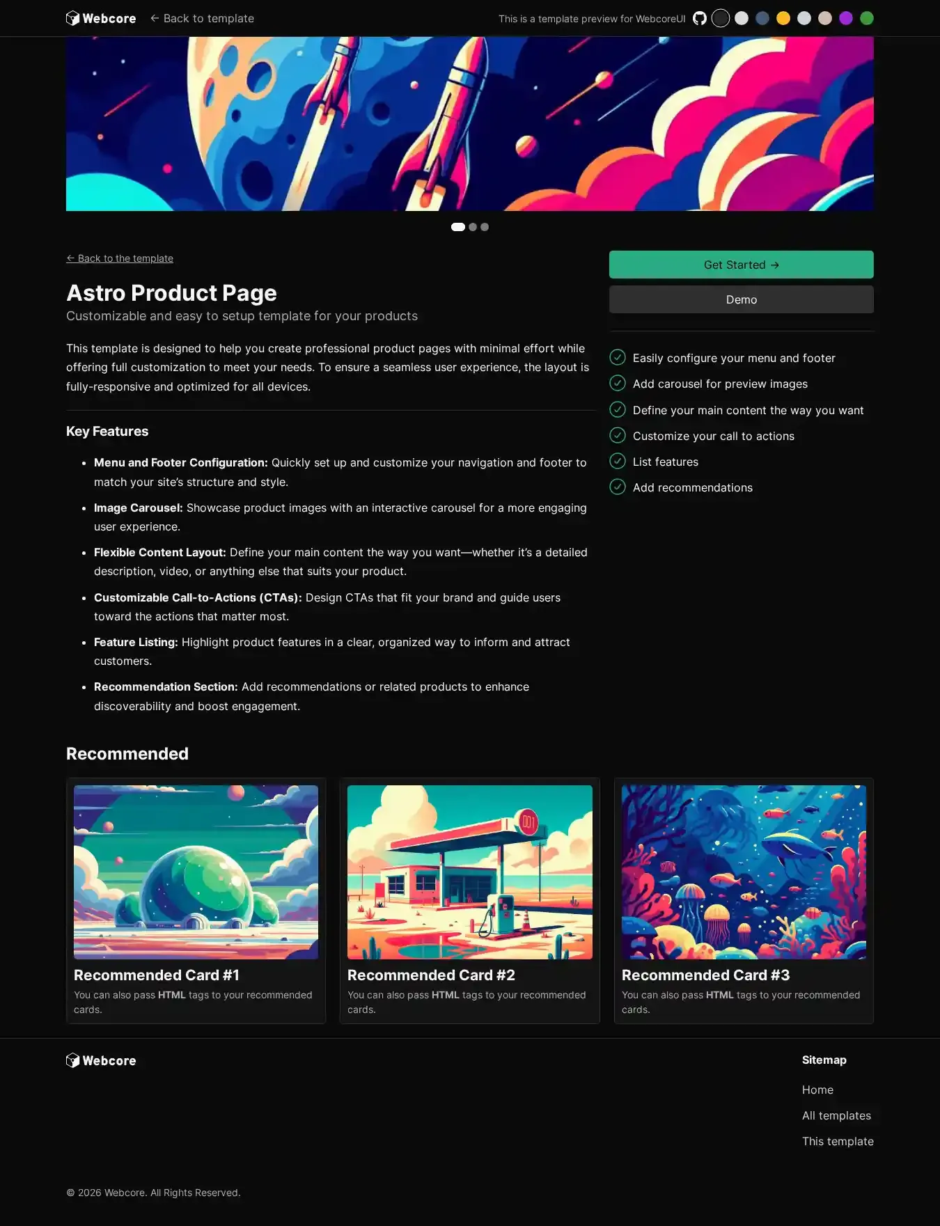 Webcore Product Page home page on desktop