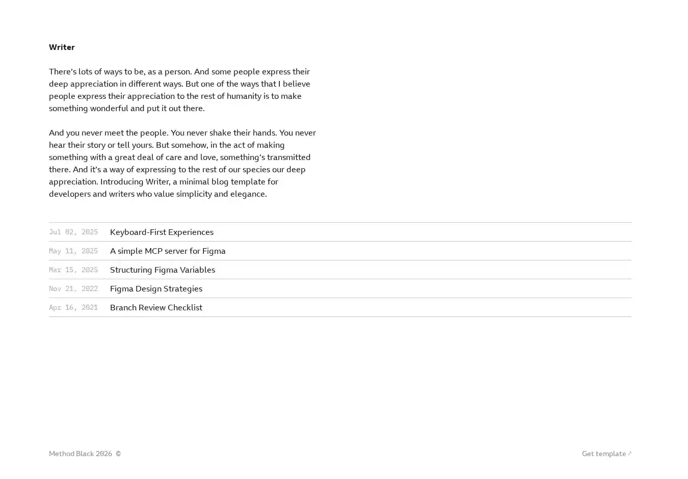 Writer home page on desktop