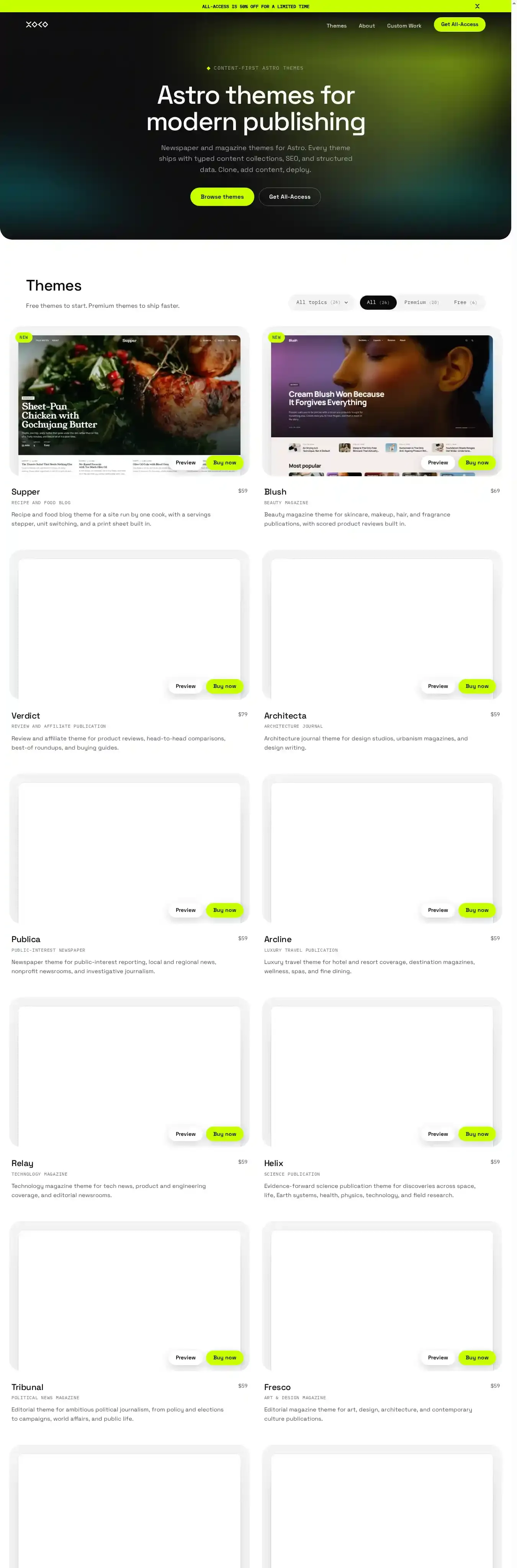 Xoco Themes All-Access - 20 Astro Themes for Blogs, Newsrooms, Magazines home page on desktop