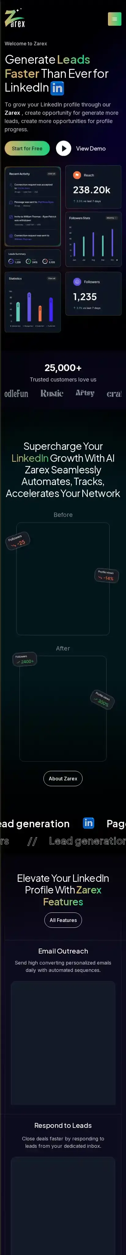 Zarex home page on mobile