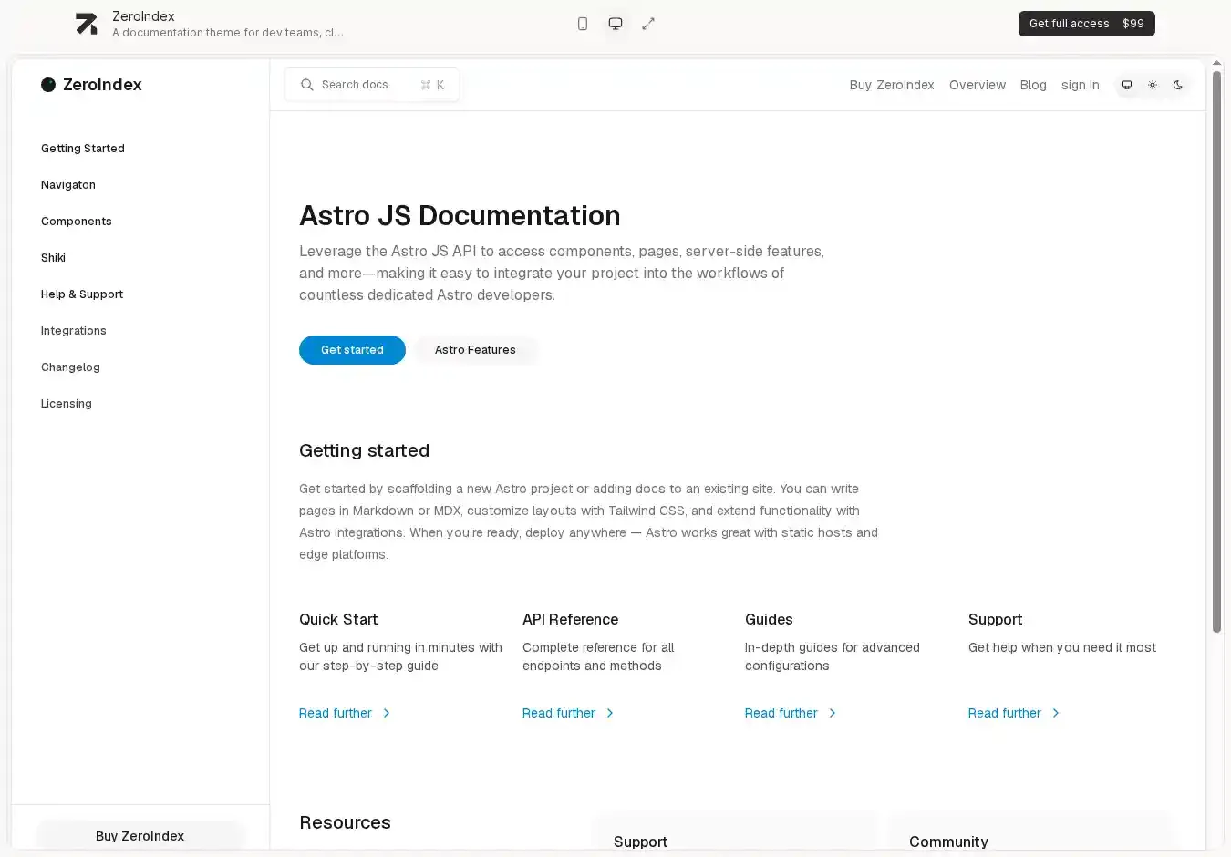 Zeroindex home page on desktop
