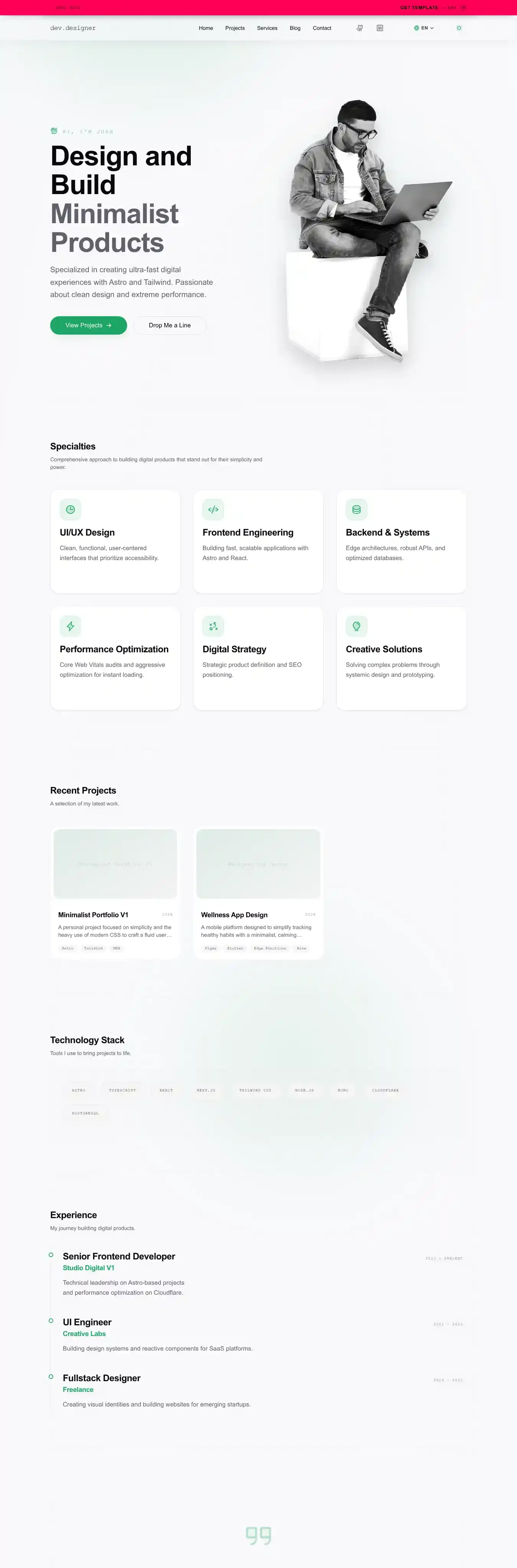 Minimalist Portfolio Template — Astro 7 + Sanity CMS home page on desktop