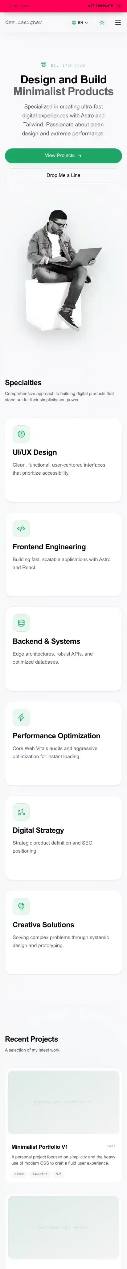 Minimalist Portfolio Template — Astro 7 + Sanity CMS home page on mobile