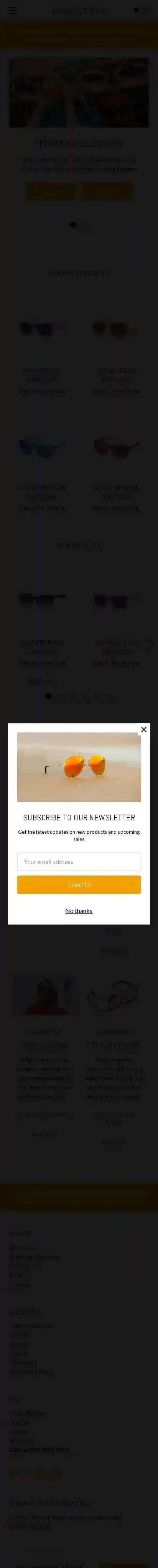 22 Savile Row Boutique home page on mobile