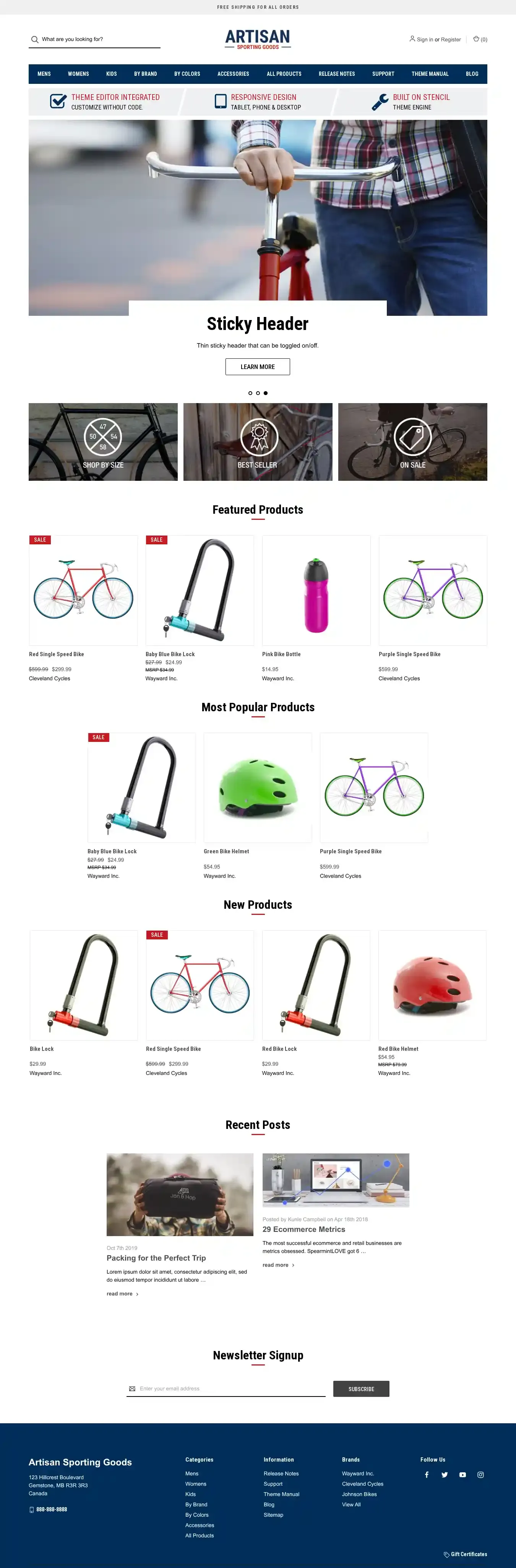 Artisan Sporting Goods home page on desktop