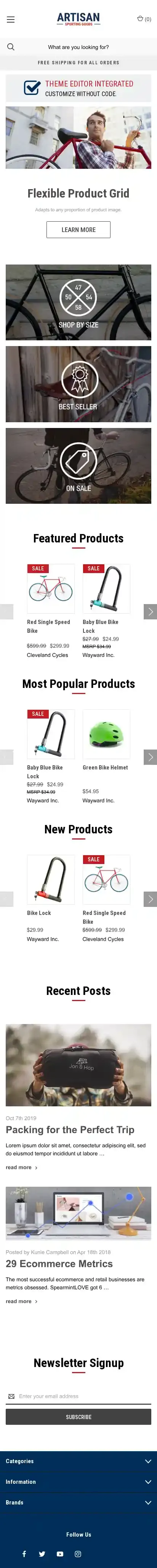Artisan Sporting Goods home page on mobile