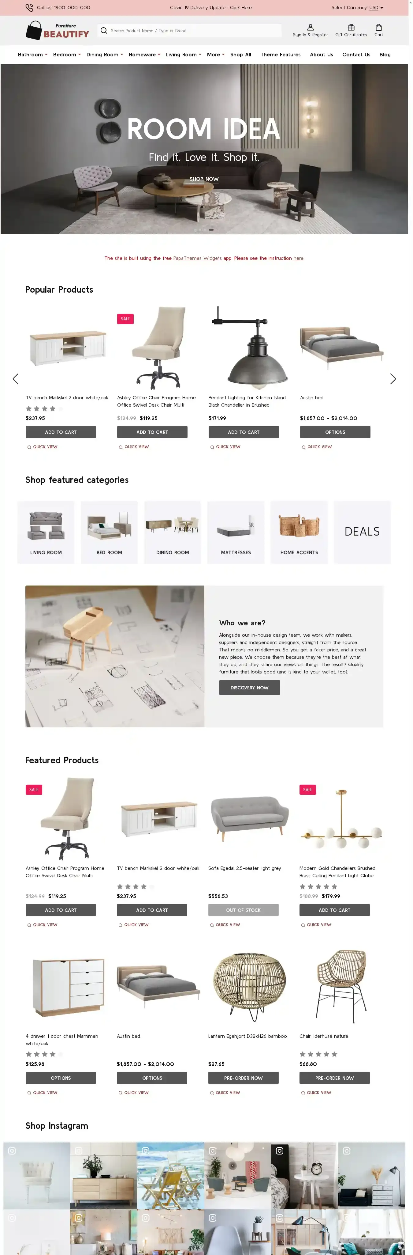 Beautify Furniture home page on desktop
