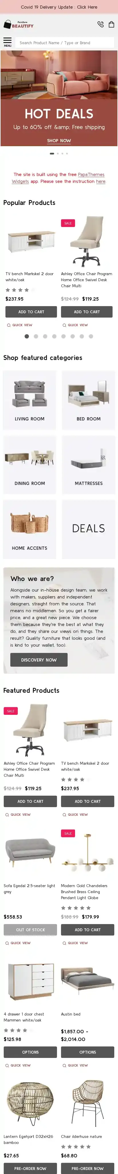 Beautify Furniture home page on mobile