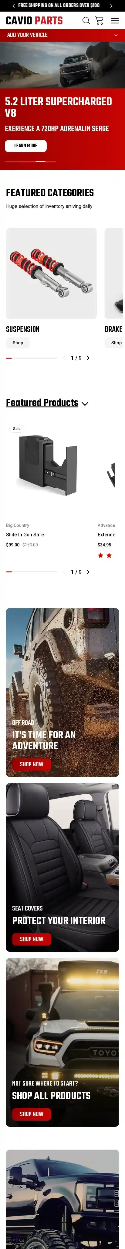 Cavio Parts home page on mobile