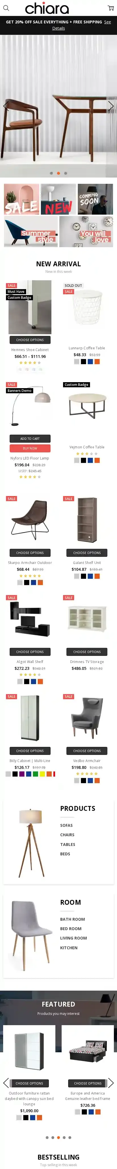 Chiara Furniture home page on mobile