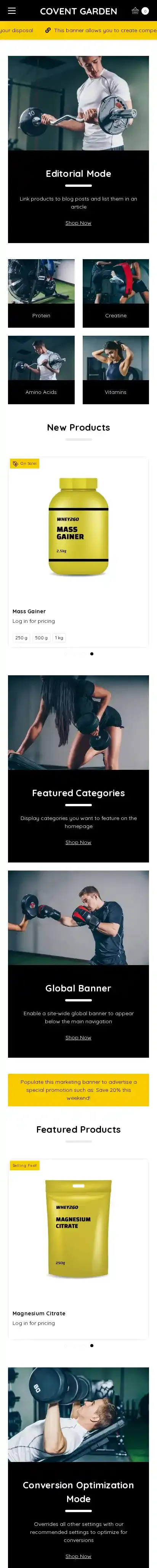 Covent Garden Dark home page on mobile
