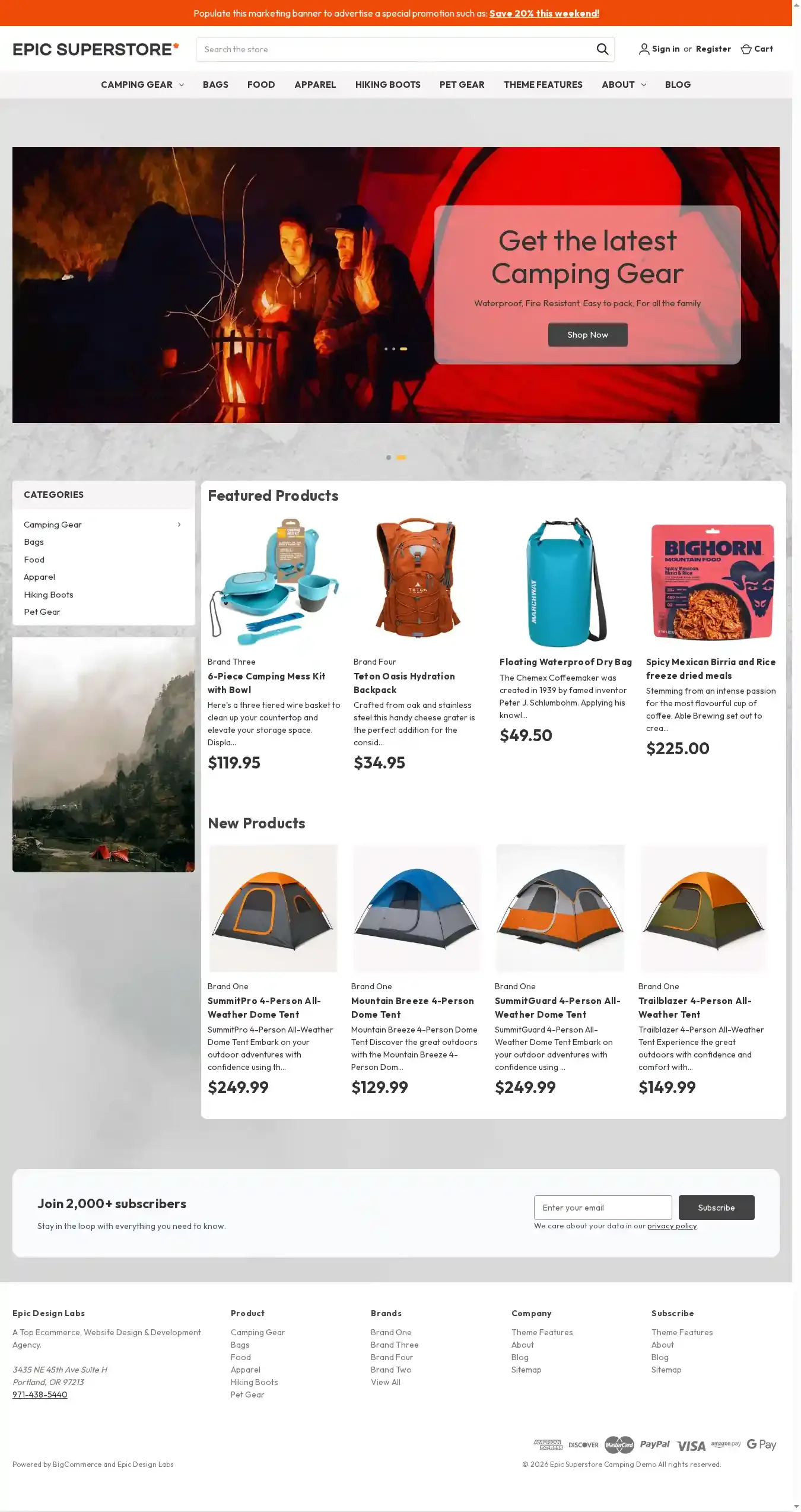 Epic Superstore Camping & Outdoors home page on desktop