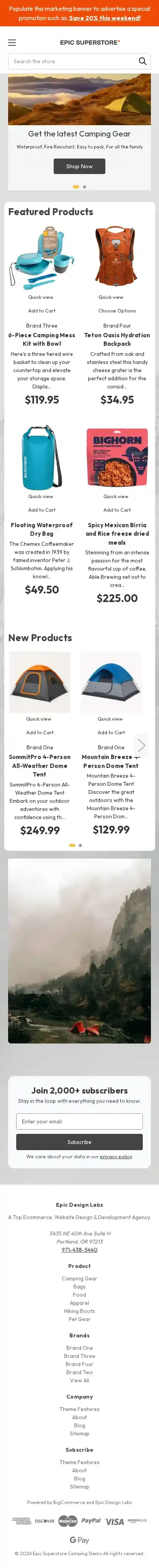 Epic Superstore Camping & Outdoors home page on mobile