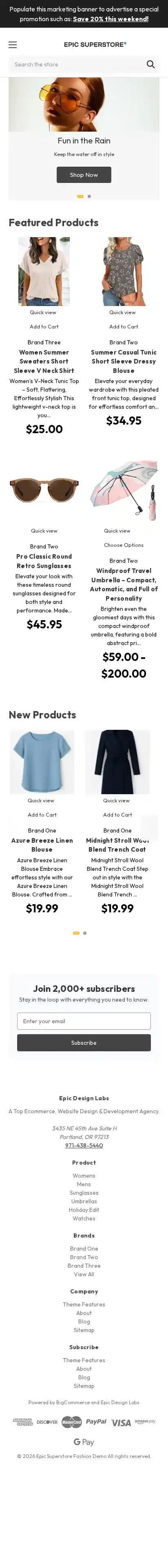 Epic Superstore Fashion home page on mobile