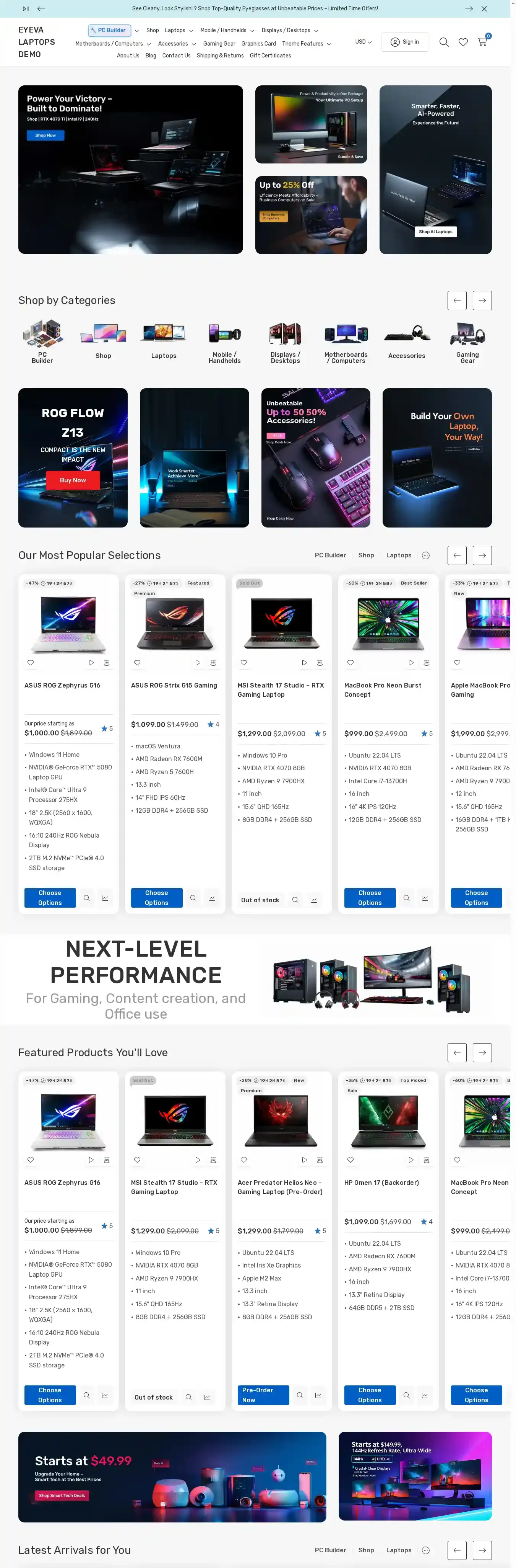 Eyeva Laptops home page on desktop
