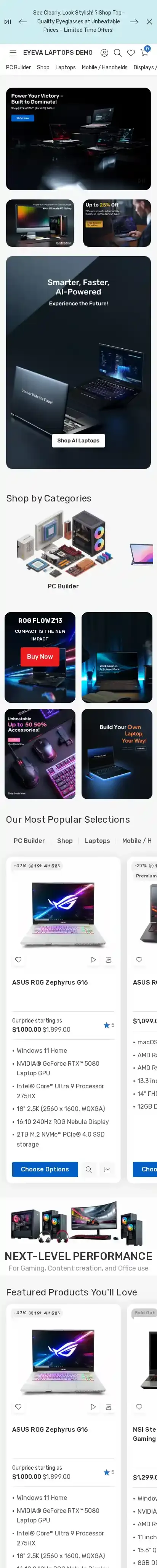 Eyeva Laptops home page on mobile