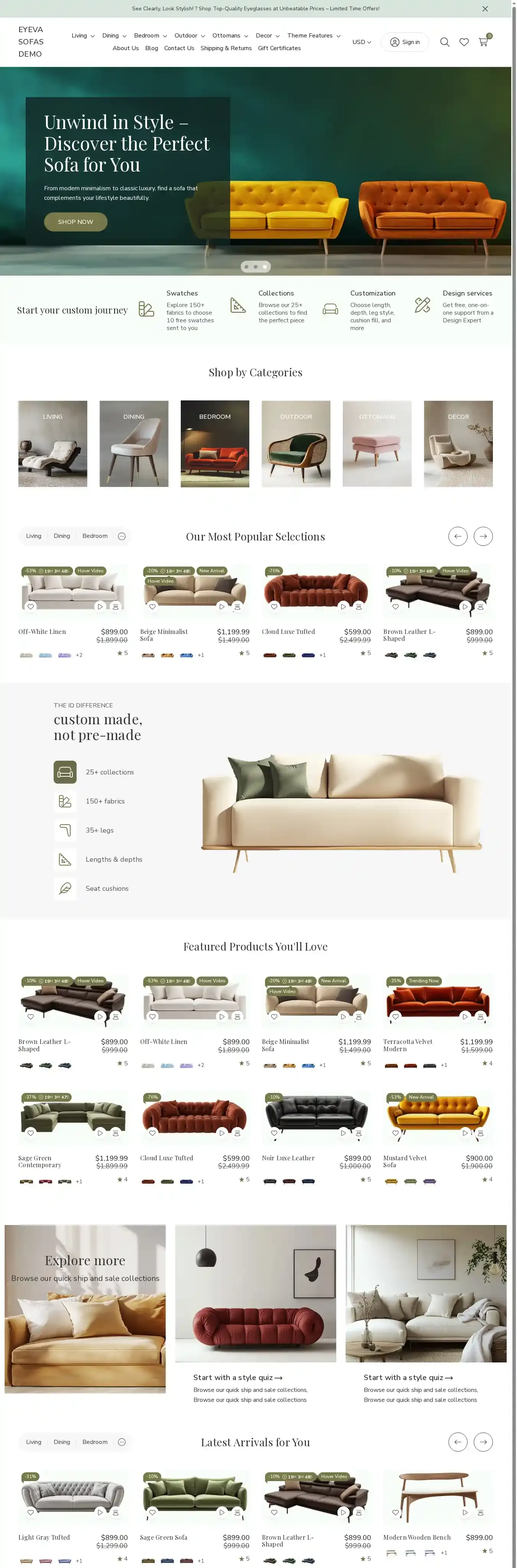 Eyeva Sofas home page on desktop