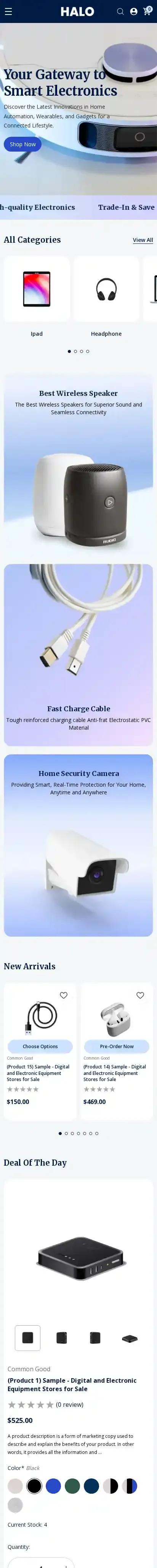 Halo Electronics home page on mobile