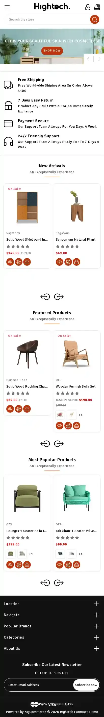 Hightech Furniture home page on mobile
