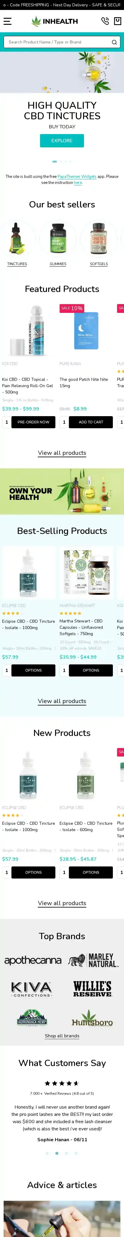 InHealth CBD home page on mobile