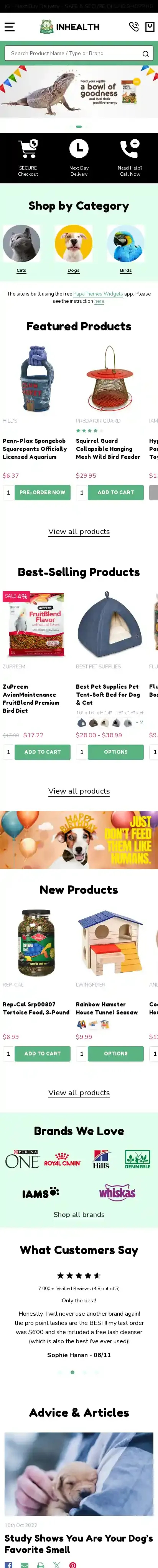 InHealth Pets home page on mobile