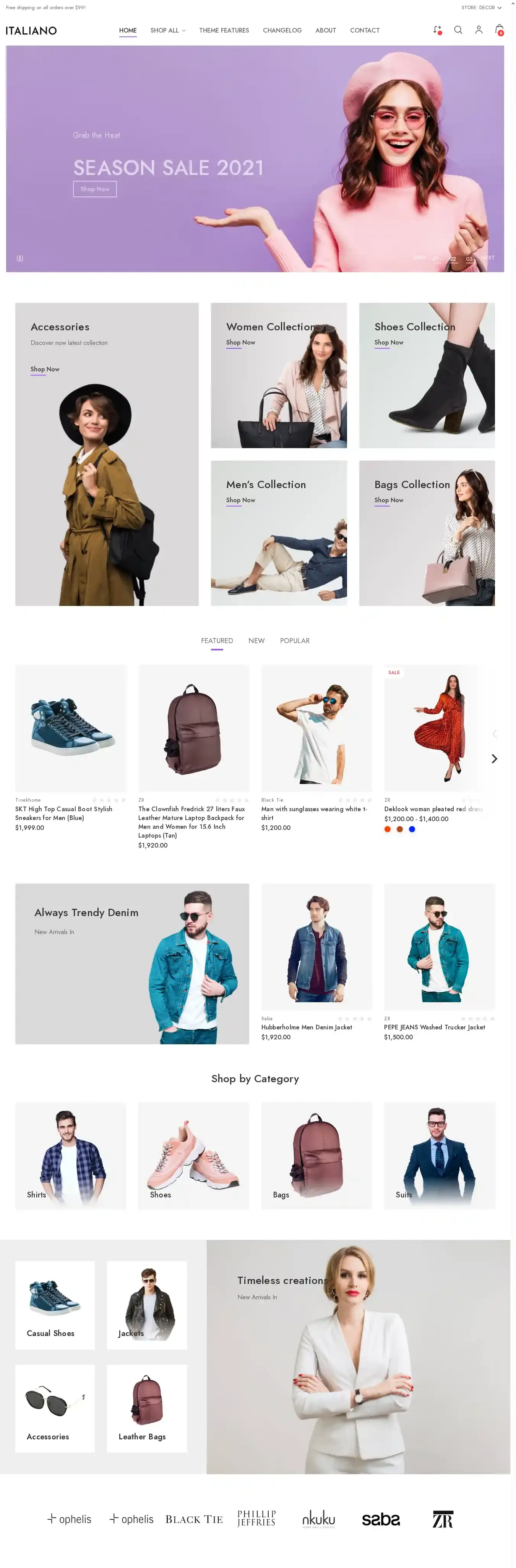 Italiano Fashion home page on desktop