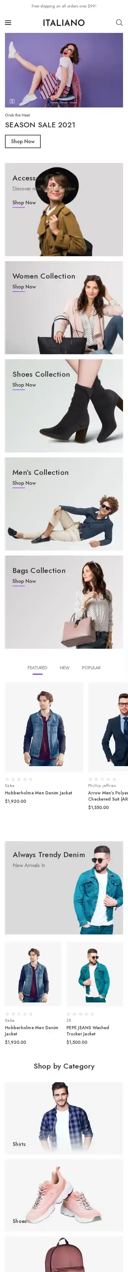 Italiano Fashion home page on mobile