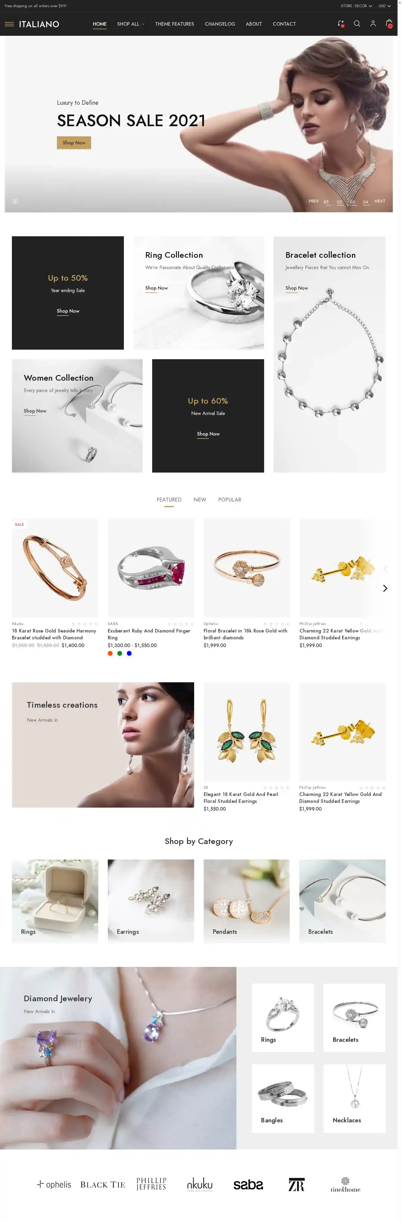 Italiano Jewelry home page on desktop