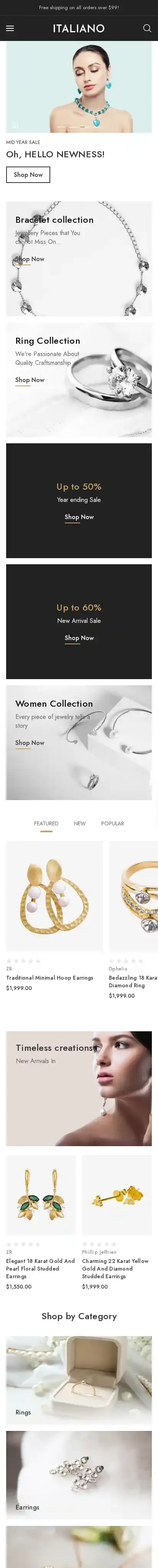 Italiano Jewelry home page on mobile