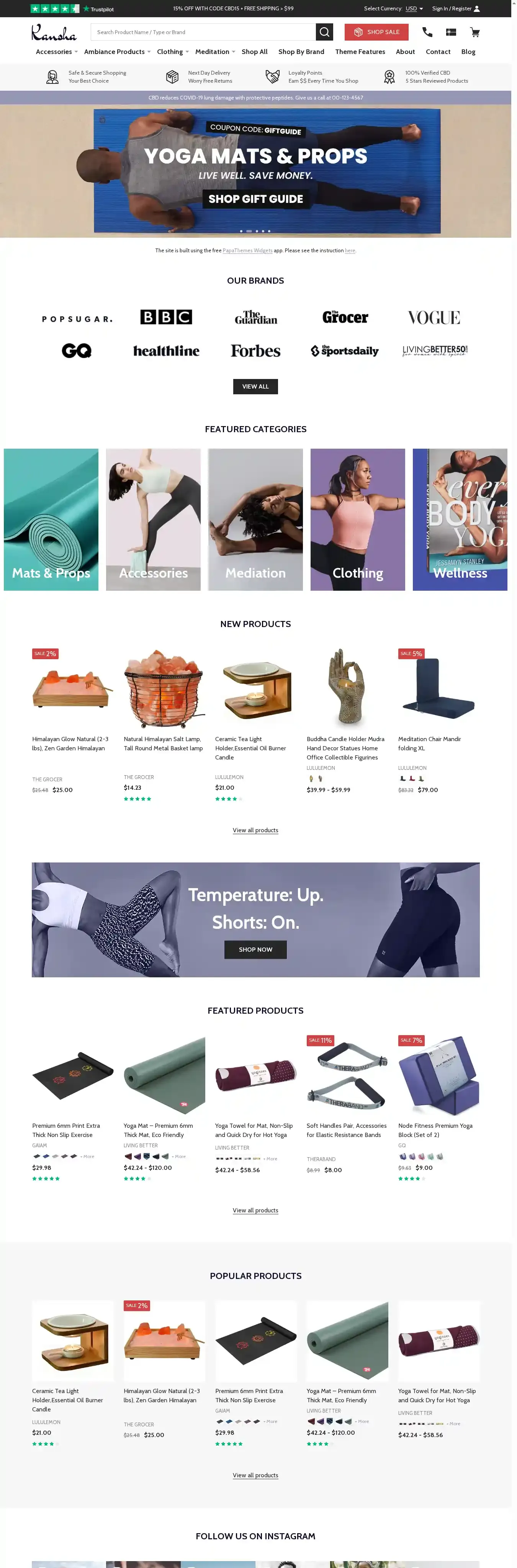 Kansha Yoga home page on desktop