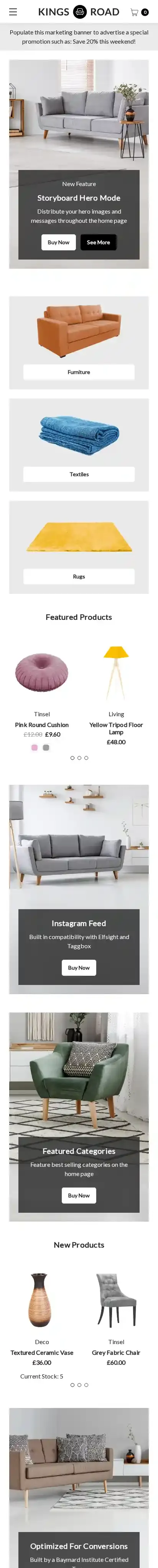 Kings Road Decor home page on mobile