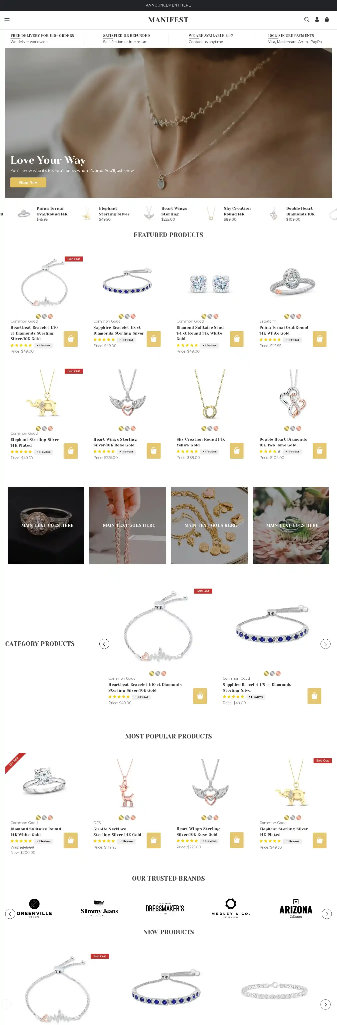 Manifest Jewelry home page on desktop