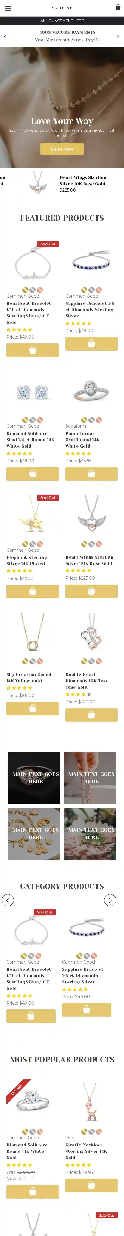 Manifest Jewelry home page on mobile
