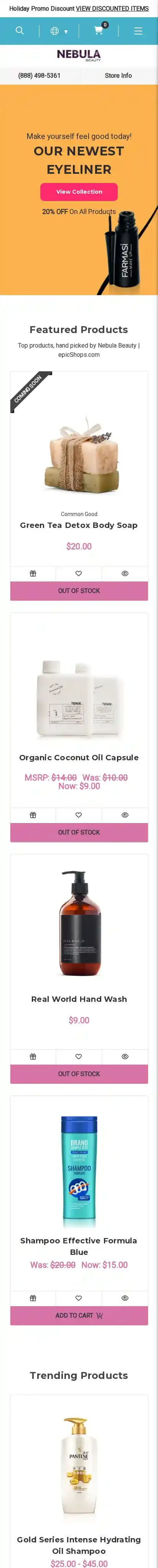 Nebula Beauty home page on mobile