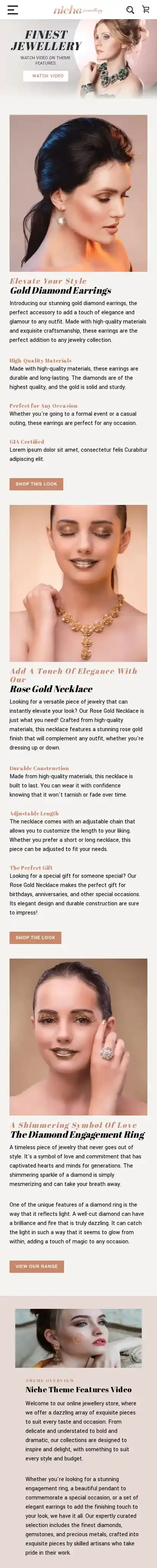 Niche Jewellery home page on mobile