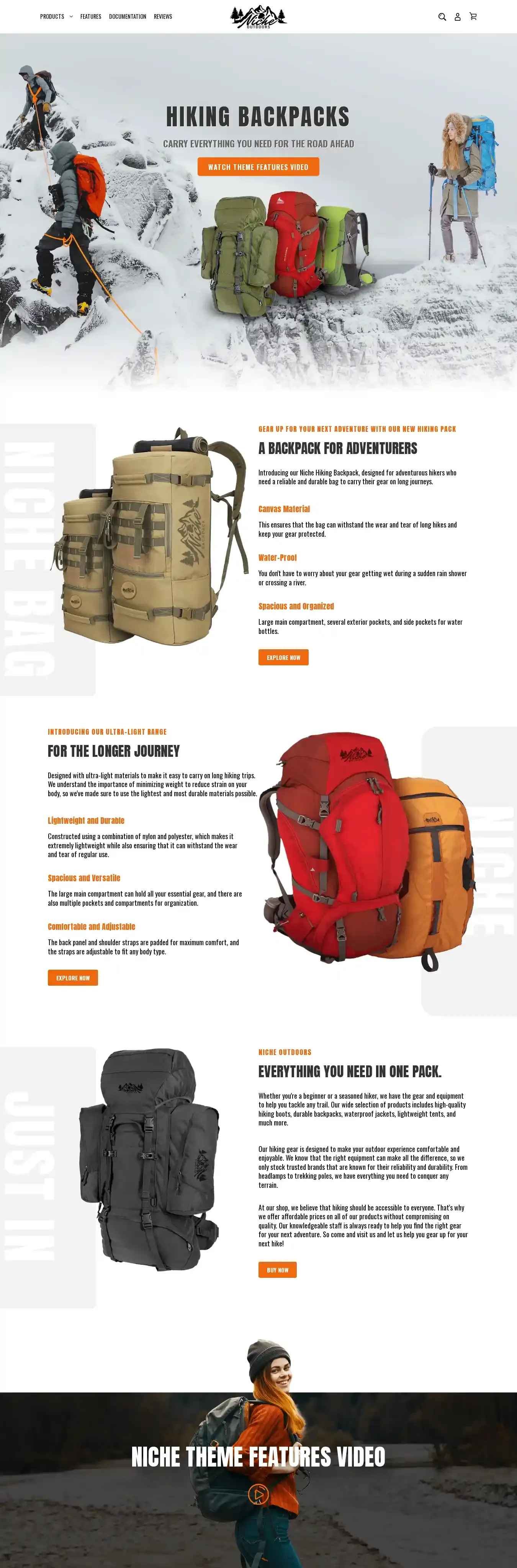 Niche Outdoors home page on desktop