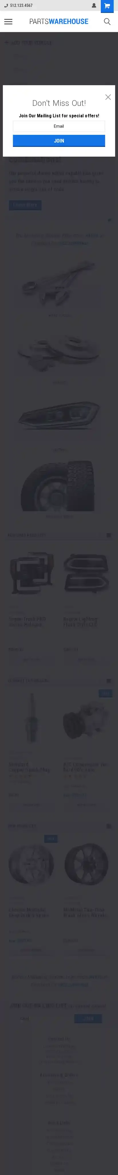 PartsWarehouse Champion home page on mobile