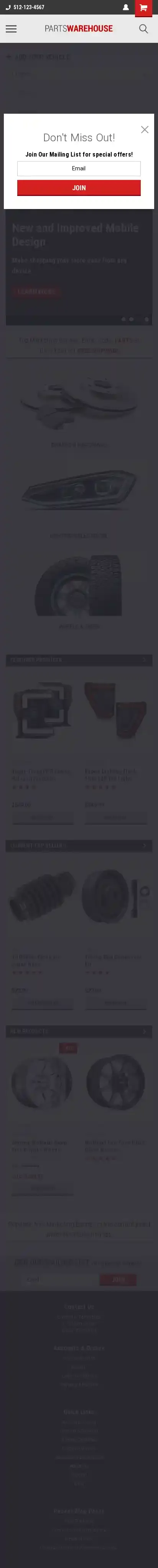 PartsWarehouse Classic home page on mobile