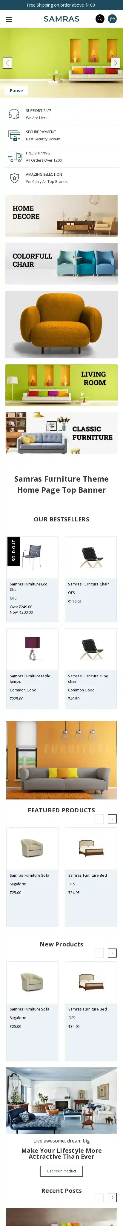 Samras Furniture home page on mobile