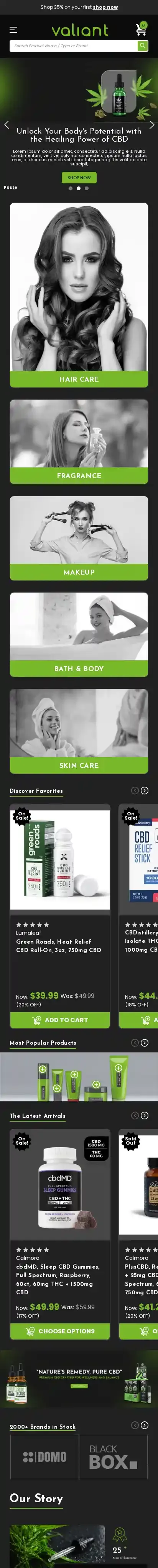 Valiant CBD home page on mobile