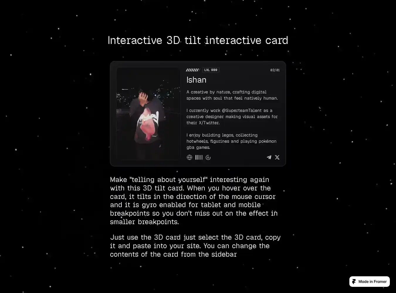 3D Interactive Card home page on desktop