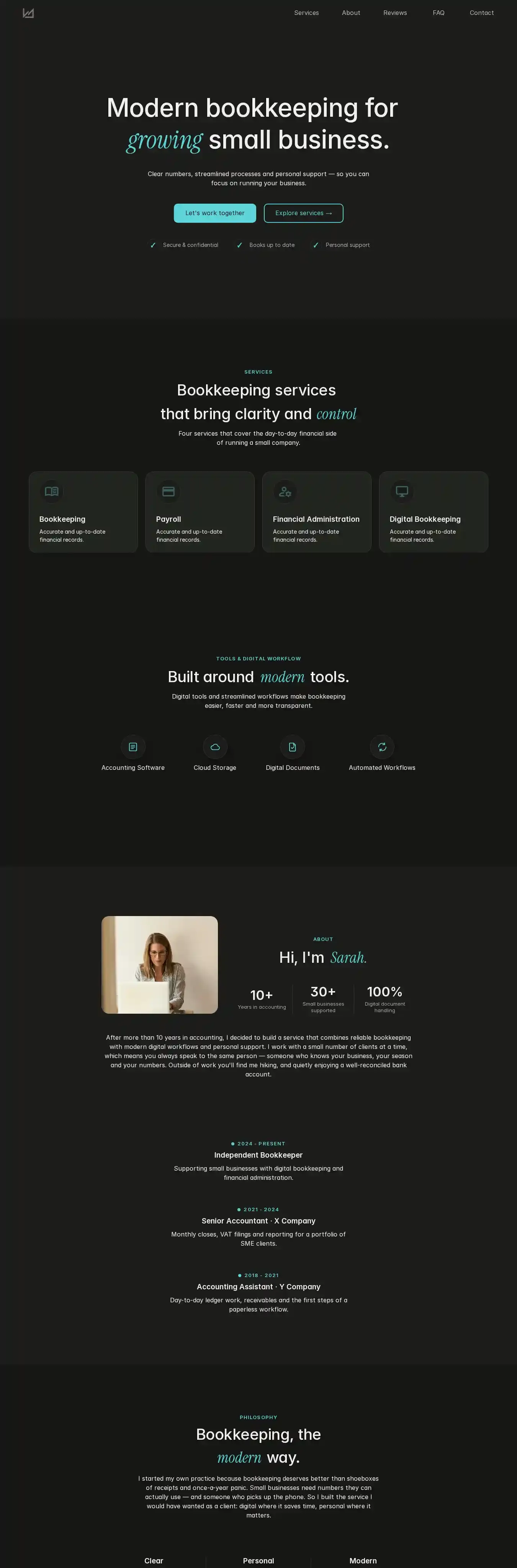 Accountant darkmode home page on desktop